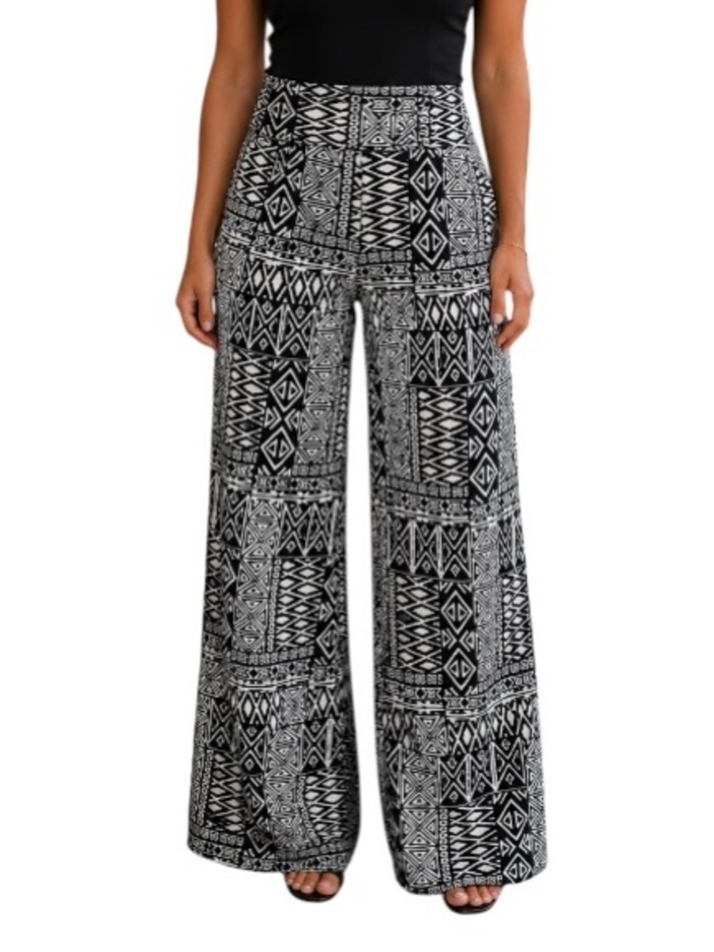 Superline Black White Printed Fold Over Yoga Waistband Wide Leg Palazzo Pants